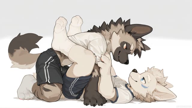 Two anthropomorphic canine characters playfully wrestling on the ground, one with darker fur and the other with lighter fur, both wearing casual clothing