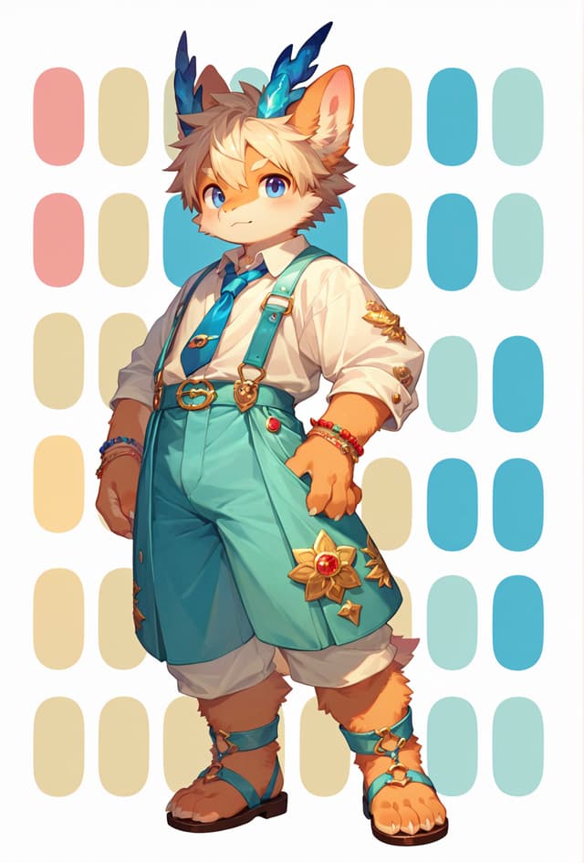 A cute, anthropomorphic character with fox-like features, wearing teal shorts and suspenders, stands confidently against a colorful, oval-patterned background