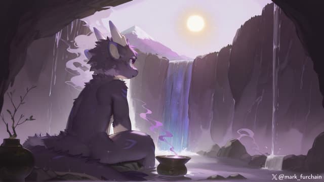 A creature with horns sits in a cave, gazing at a waterfall and a bright sun in the distance The scene is tranquil, with soft lighting and a serene atmosphere