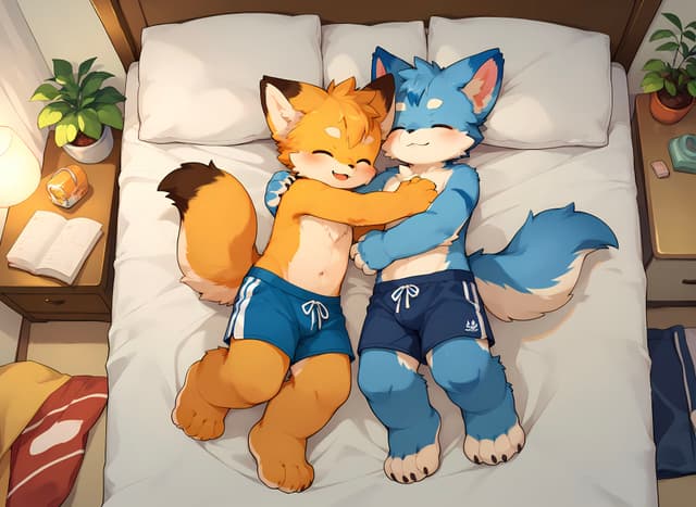 Two anthropomorphic animals, one orange and one blue, are cuddling on a bed, wearing matching shorts. The room is cozy, with plants and a book nearby