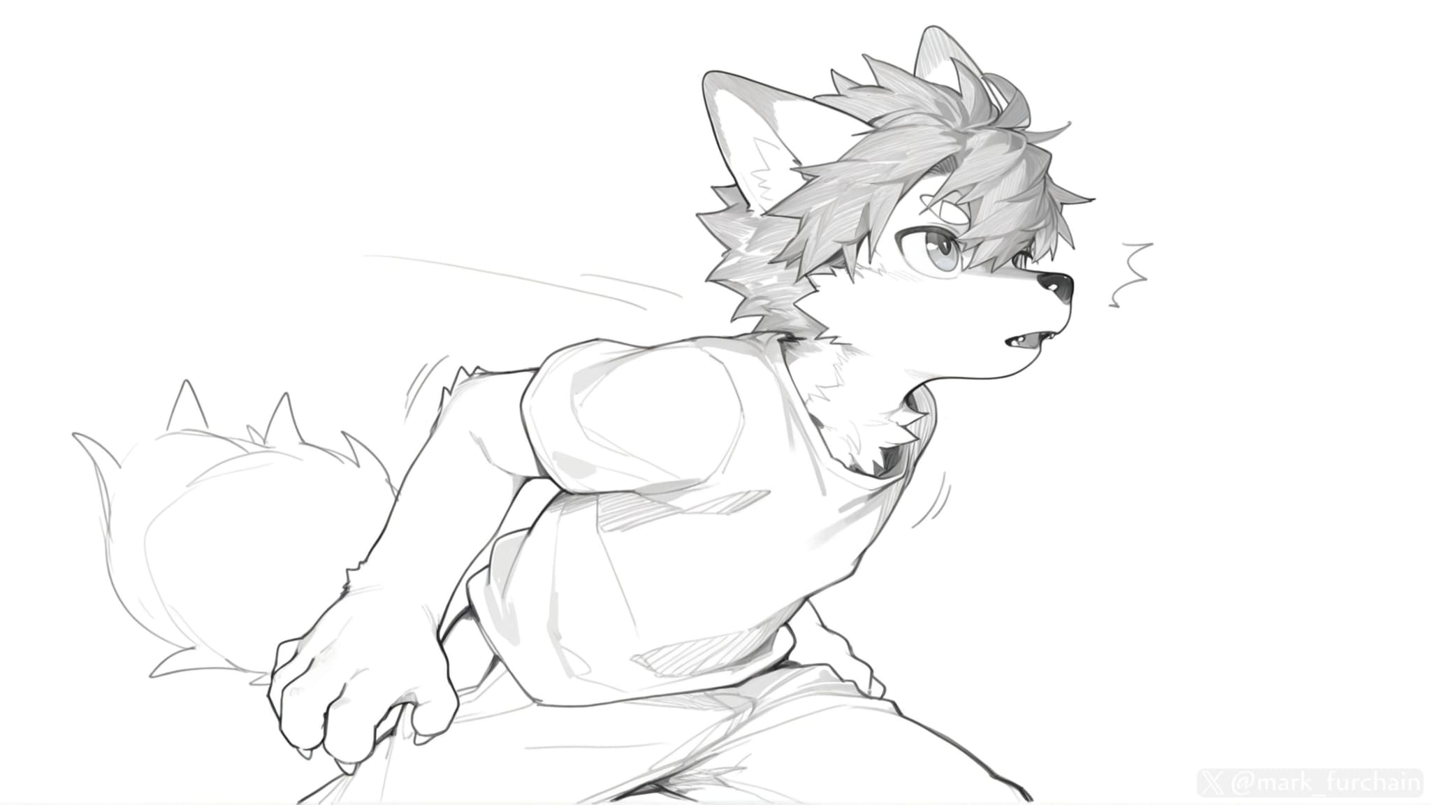 A sketch of an anthropomorphic wolf character wearing a T-shirt, appearing to be in motion with a determined expression