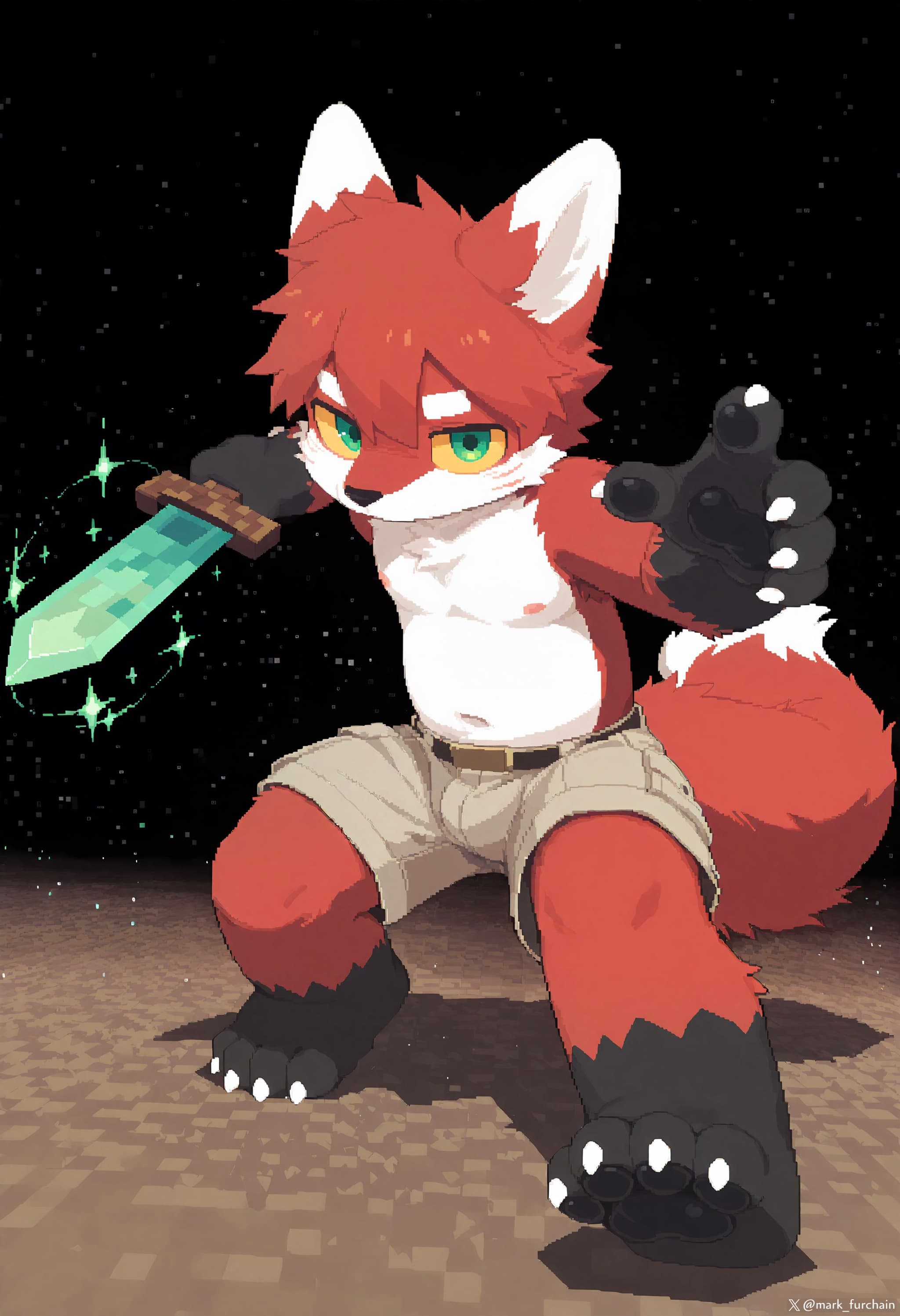 A cartoon-style anthropomorphic fox character with red fur, wearing shorts, holding a glowing sword, and striking a dynamic pose against a starry background