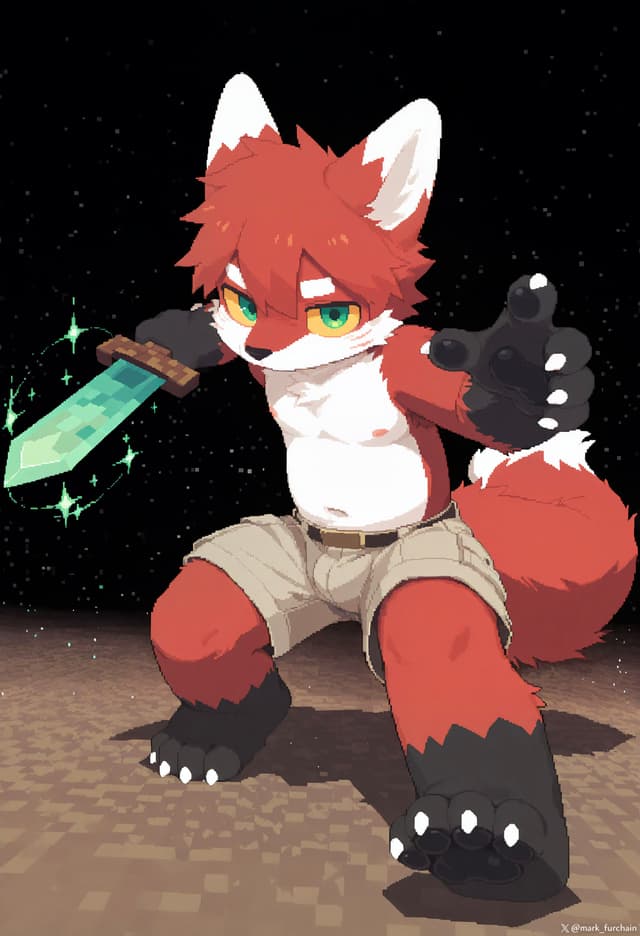 A cartoon-style anthropomorphic fox character with red fur, wearing shorts, holding a glowing sword, and striking a dynamic pose against a starry background