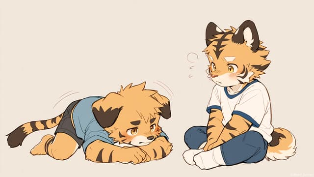 Two anthropomorphic tiger characters are sitting on the ground. One is lying down with a sad expression, while the other sits cross-legged, looking at the first character with concern. Both are wearing casual clothes