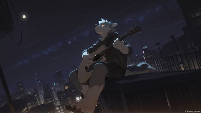 An anthropomorphic wolf character sits on a rooftop at night, playing a guitar, with a cityscape in the background