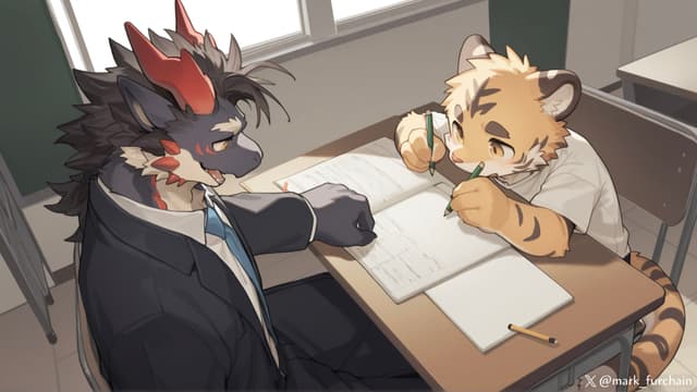 A classroom scene with two anthropomorphic characters, one resembling a dragon in a suit and the other a tiger in a school uniform, sitting at a desk and studying together