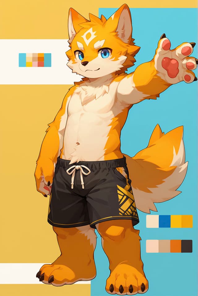 An anthropomorphic fox character with orange and white fur, wearing black shorts, stands with one paw raised. The background features a color palette with shades of orange, blue, and brown