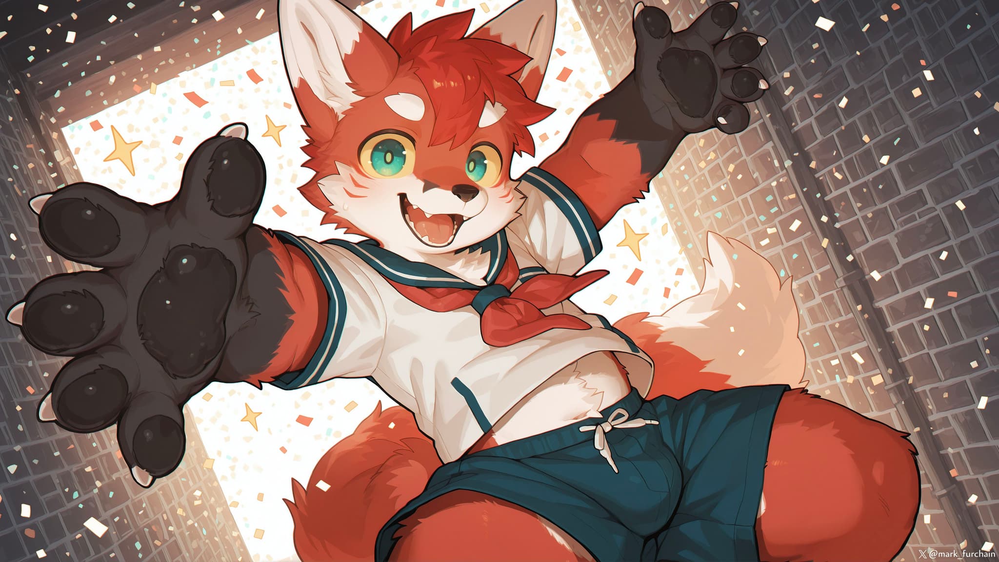A cheerful, anthropomorphic red fox character wearing a sailor-style outfit, reaching out with a joyful expression against a bright, starry background