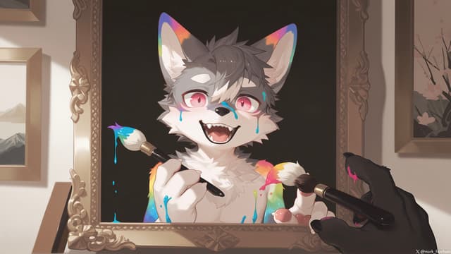 A colorful anthropomorphic wolf character is being painted on a canvas, with vibrant paint splatters on its fur A hand holding a paintbrush is visible in the foreground, adding details to the artwork