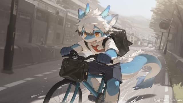 An anthropomorphic character with blue and white fur rides a bicycle down a sunlit street, wearing a school uniform and carrying a backpack