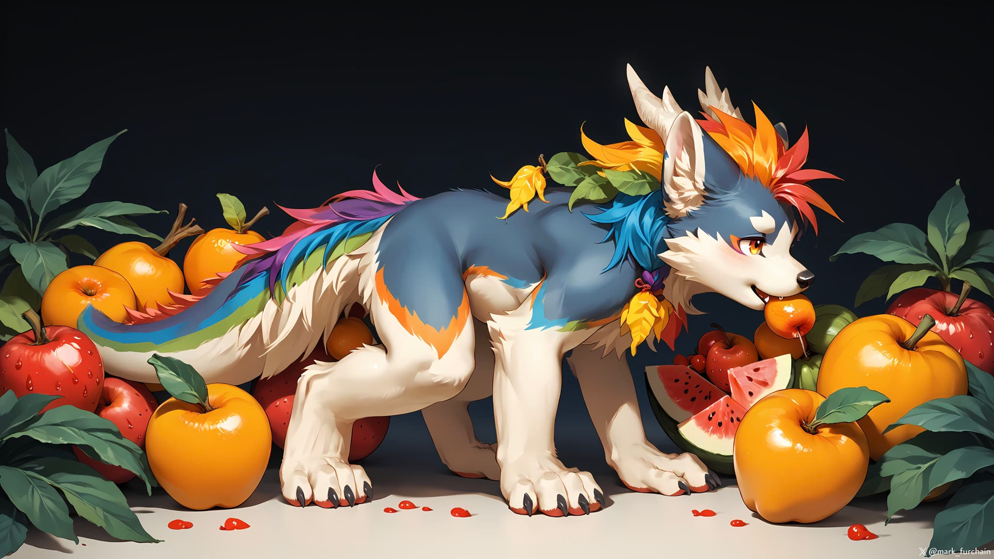 A colorful, wolf-like creature with vibrant feathers and a rainbow mane stands among various fruits, including apples and oranges, against a dark background